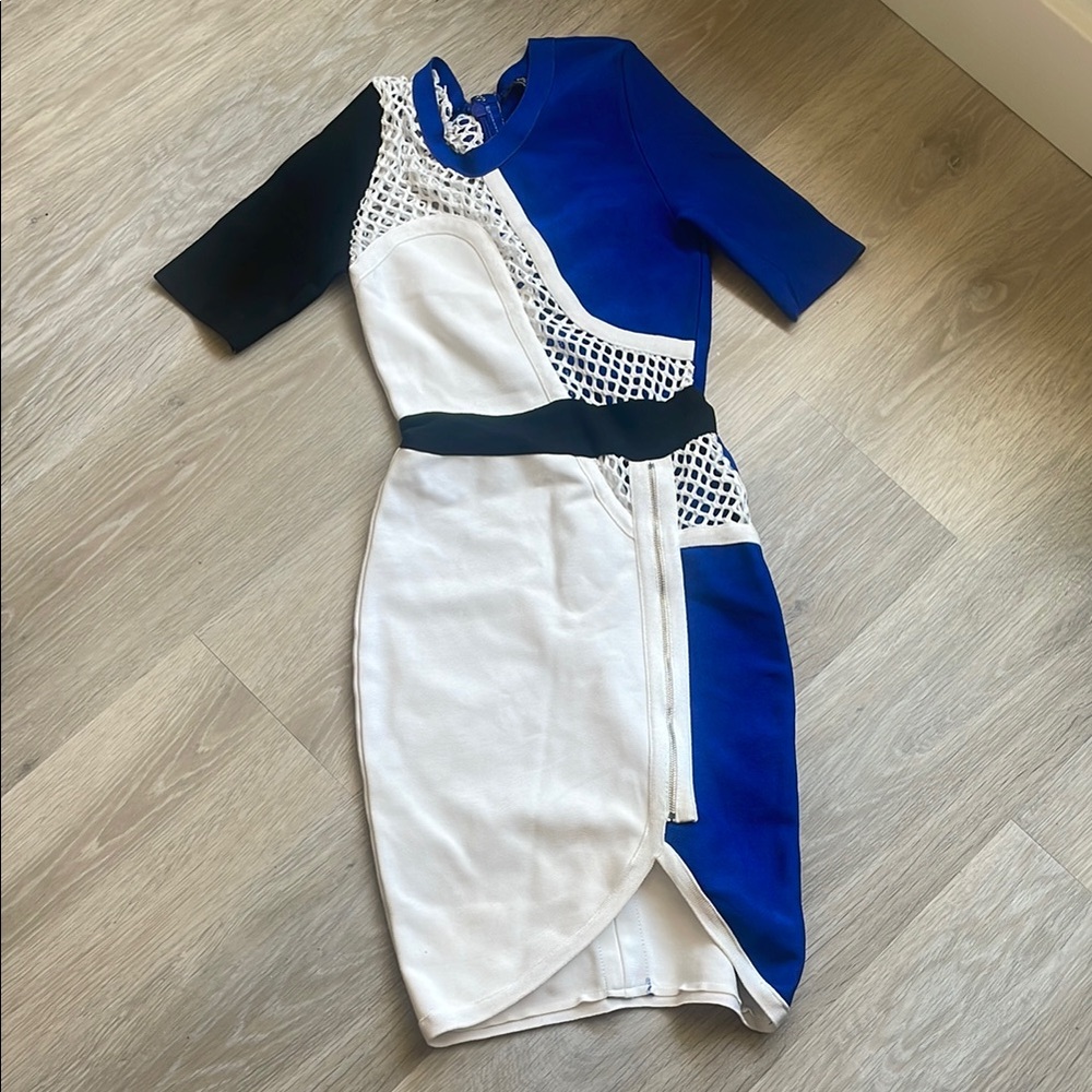 Blue and White Asymmetrical Embellished Cocktail Dress